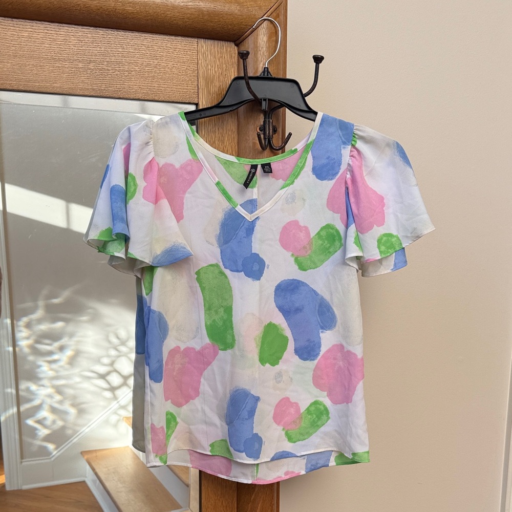 Versona Women’s ' Blouse with Blue, Pink, and Green Abstract Design